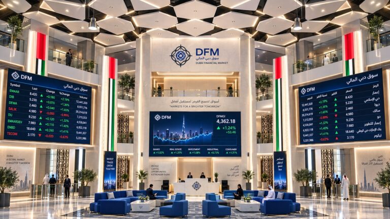 Dubai Financial Market trading hall displaying DFM index and share prices