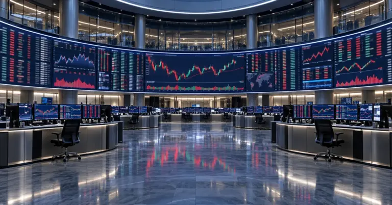 DFM vs ADX: a stock exchange hall with a large market-data wall of share prices and charts
