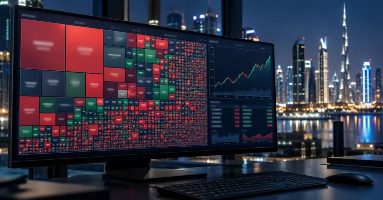 S&P 500 ETF guide: a market heat map of large US companies on a trading screen