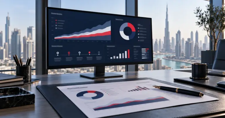 Financial planning dashboard with a goal timeline and allocation chart on a planner’s desk in Dubai