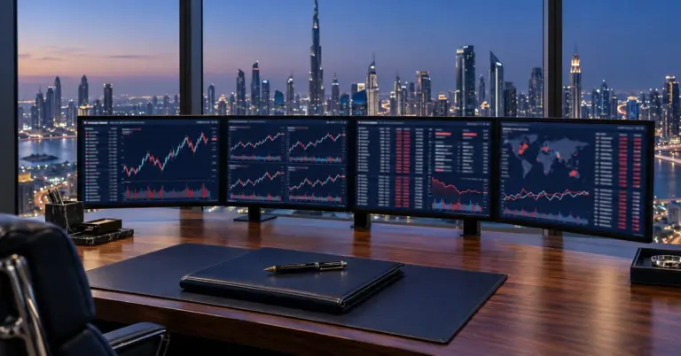 High net worth wealth management: a private office with multi-asset portfolio screens overlooking Dubai