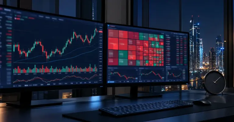 Trading screens showing US market charts at night in Dubai, illustrating how to invest in US stocks from the UAE