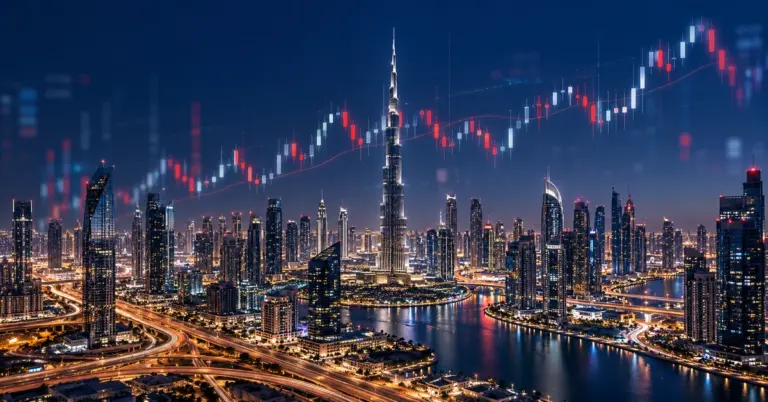 Investment in Dubai: the Dubai skyline at blue hour with a candlestick chart overlay
