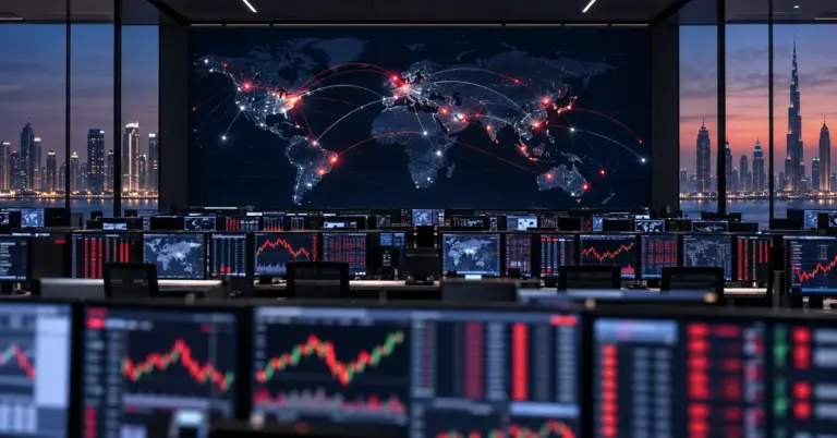 Global stock market investment: a trading floor with a world map of financial centres