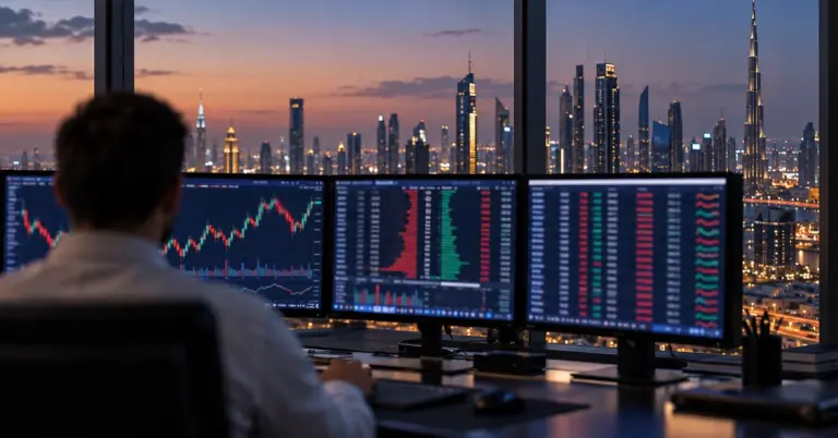 Trading desk with candlestick charts and an order book for stocks in the UAE, overlooking the Dubai skyline