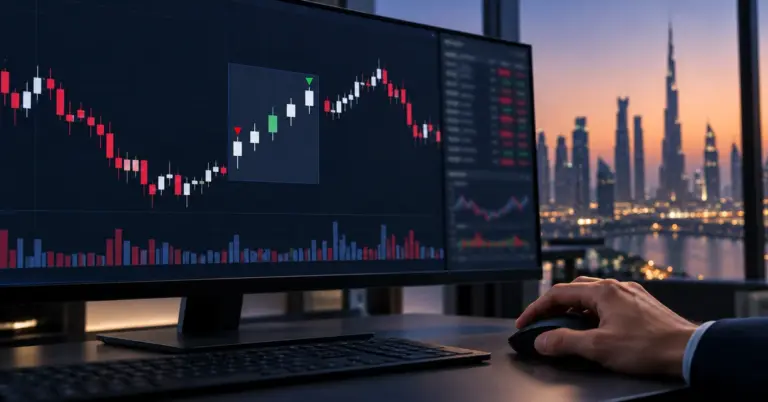 Swing trading chart showing a five-day trade from a Monday entry to a Friday exit
