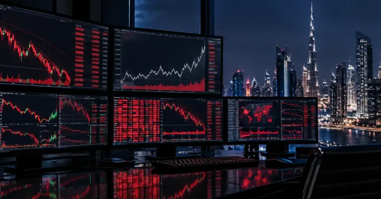 VIX volatility index: trading monitors showing a sharp sell-off and a volatility spike