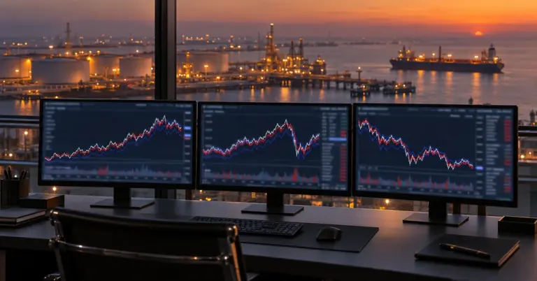 WTI, Brent and Dubai crude price charts on a commodities trading desk, with an oil terminal behind